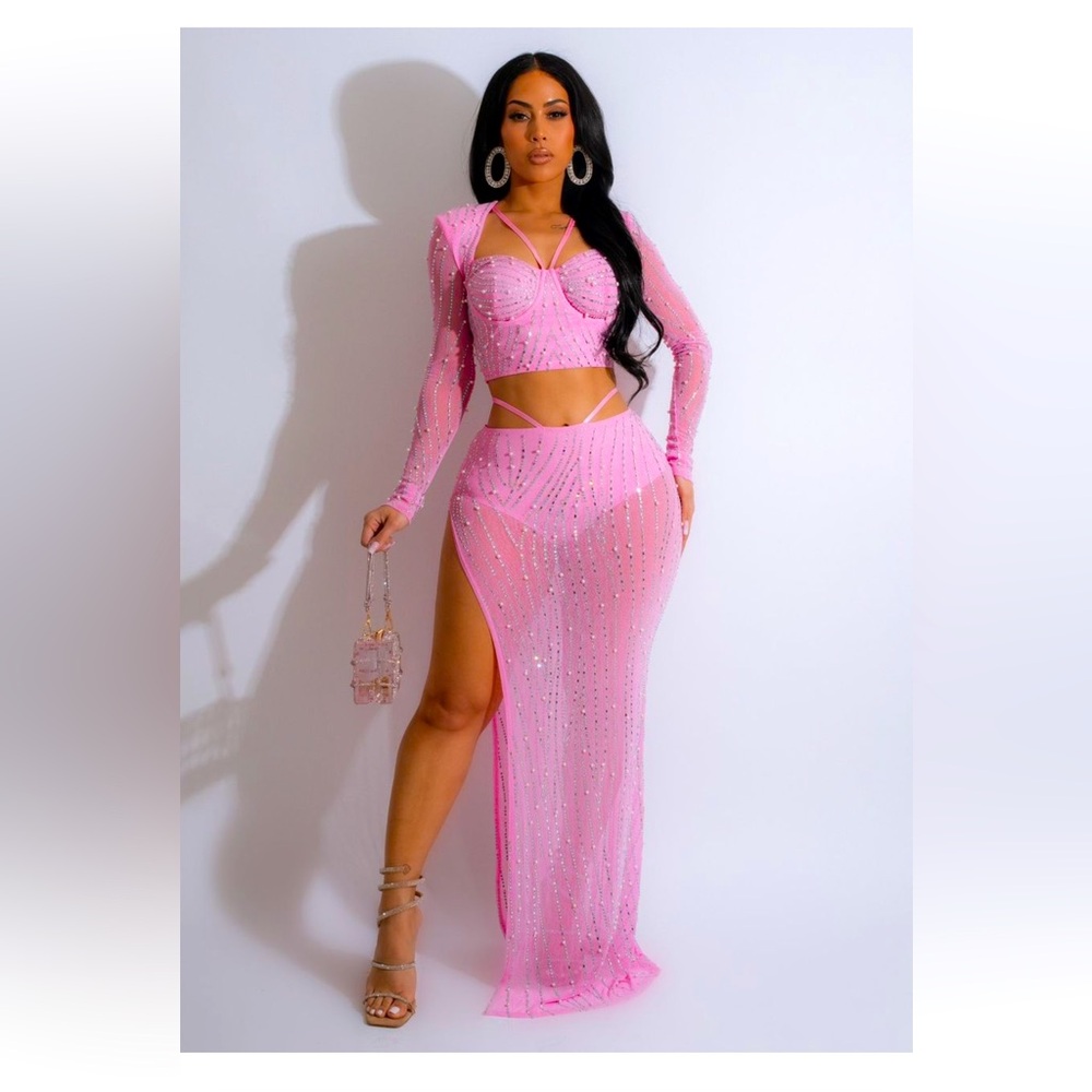 2 piece pink rhinestone skirt set